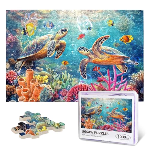 Meeresschildkröte Puzzles für Erwachsene 1000 Teile Ozean Strand Schildkröte Jigsaw Puzzle Meereslandschaft Tier Kunst Holzpuzzle für herausfordernde Familienaktivitätsspiele von Nebrpio