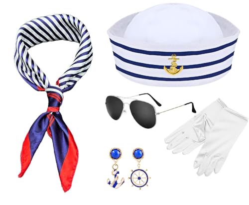 NebulaGlam 5 Stück Frauen Matrosen Kostüm Set, Matrosenmütze Sonnenbrille Quadratisches Set Ohrringe Handschuhe, Marine Outfit, Kapitänsmütze Seemann Kapitän für Damen Yacht Party Cosplay Karneval NebulaGlam 5 Stück Frauen Matrosen Kostüm Set, Matrosenmütze Sonnenbrille Quadratisches Set Ohrringe Handschuhe, Marine Outfit, Kapitänsmütze Seemann Kapitän für Damen Yacht Party Cosplay Karneval von NebulaGlam