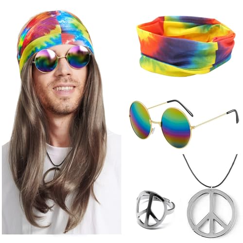 NebulaGlam 5-Teiliges Hippie Kostüm Set, Perücke + Bunte Haarband + Brille + Halskette + Ring, Hippie Kostüm Damen Herren, Männer Karneval Fasching Perücke, 70er 80er Jahre Karneval Themenparty NebulaGlam 5-Teiliges Hippie Kostüm Set, Perücke + Bunte Haarband + Brille + Halskette + Ring, Hippie Kostüm Damen Herren, Männer Karneval Fasching Perücke, 70er 80er Jahre Karneval Themenparty von NebulaGlam
