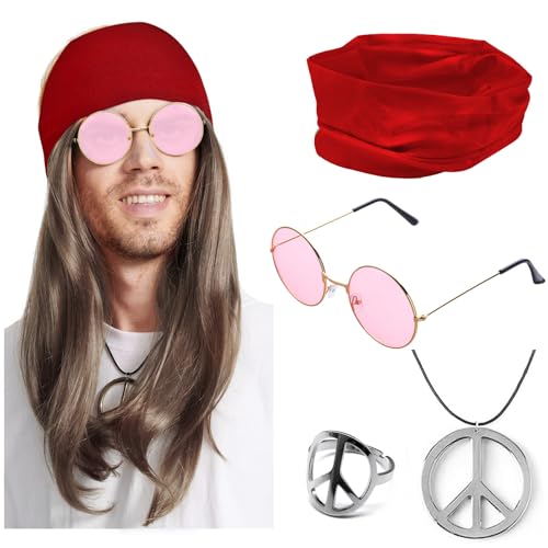 NebulaGlam 5-Teiliges Hippie Kostüm Set, Perücke + Rotes Haarband + Brille + Halskette + Ring, Hippie Kostüm Damen Herren, Männer Karneval Fasching Perücke, 70er 80er Jahre Karneval Themenparty NebulaGlam 5-Teiliges Hippie Kostüm Set, Perücke + Rotes Haarband + Brille + Halskette + Ring, Hippie Kostüm Damen Herren, Männer Karneval Fasching Perücke, 70er 80er Jahre Karneval Themenparty von NebulaGlam