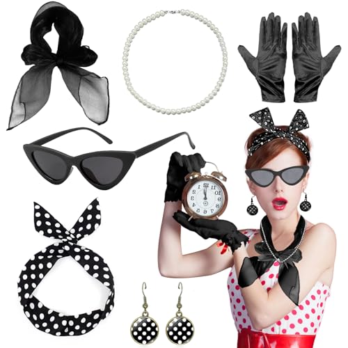 NebulaGlam 50er Jahre Accessoires Damen, 8 Stück Rockabilly Accessoires Damen für Karneval, 1950s Kostüm Set mit Chiffon Schal Handschuhe Sonnenbrille Polka Dot Bandana Ohrringe Halskette(Schwarz) von NebulaGlam