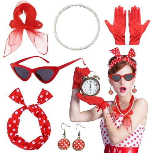 NebulaGlam 50er Jahre Accessoires Damen, 8 Stück Rockabilly Accessoires Damen für Karneval, 1950s Kostüm Set mit Chiffon Schal Handschuhe Sonnenbrille Polka Dot Bandana Ohrringe Halskette (Rot) von NebulaGlam