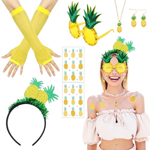 NebulaGlam 6 Stück Ananas Kostüm Zubehör Damen, Ananas Haarreif Ananas Brille Ananas-Tattoo-Aufkleber Handschuhe Halskette Ohrringe, für Hawaii Kostüm Outfit Ananas Party Karneval Fasching Kostüm von NebulaGlam