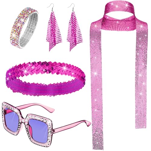 NebulaGlam 70er Jahre Disco Zubehör Accessoires Kostüm Glitzer Pailletten Stulpen, Sonnenbrille Ohrringe Armband und Stirnband 80er Jahre Outfit Damen für Fasching Karneval (Rosarot) von NebulaGlam