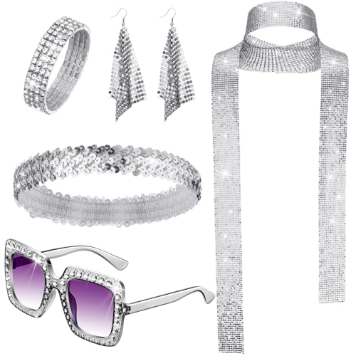 NebulaGlam 70er Jahre Disco Zubehör - Kostüm Glitzer Pailletten Stulpen, Sonnenbrille Ohrringe Armband und Stirnband, 70er 80er Jahre Outfit Damen für Fasching Karneval (Silber) von NebulaGlam