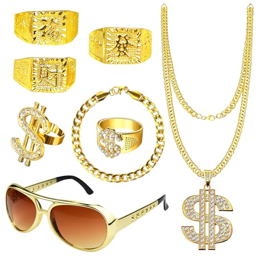 NebulaGlam 8 Stück Zuhälter Kostüm, 80er 90er Jahre Outfit Herren Hip Hop Kostüm Goldkette Herren Gangster Gang Sonnenbrille Goldene Dollar Kette Ring Hanzi-Ringe Für Karneval Fasching Mottoparty von NebulaGlam
