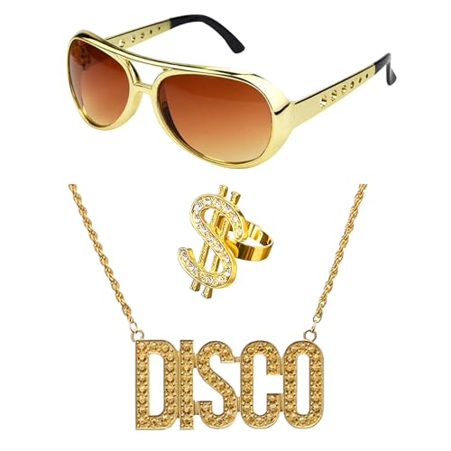NebulaGlam 80er Jahre Brille Disco Kette Gold Zubehör Set mit Kette, Dollarzeichen-Ring, Retro-Rap-Star Sonnenbrille, 70er 80er 90er Jahre Disco Outfit Karneval Mottoparty Accessoires von NebulaGlam