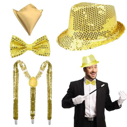 NebulaGlam Glitzer Accessoires Herren, 4 Stück Glitzer Kostüm Herre, Glitzer Fliege und Hosenträger Herren Pailletten Zylinder Hut Taschentücher, für Karneval Fasching Mottoparty (Gold) von NebulaGlam