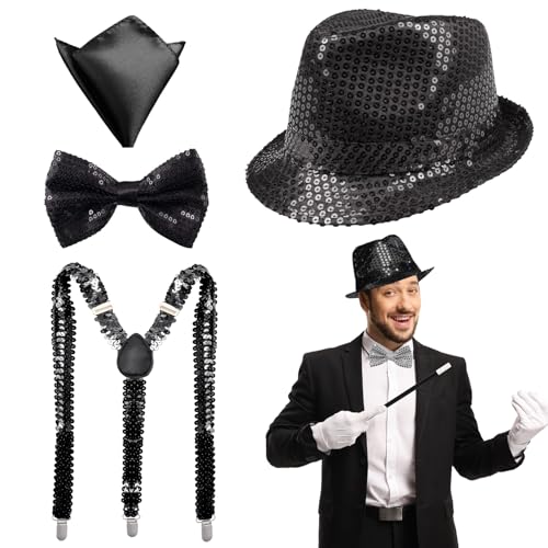NebulaGlam Glitzer Accessoires Herren, 4 Stück Glitzer Kostüm Herre, Glitzer Fliege und Hosenträger Herren Pailletten Zylinder Hut Taschentücher, für Karneval Fasching Mottoparty (Schwarz) von NebulaGlam