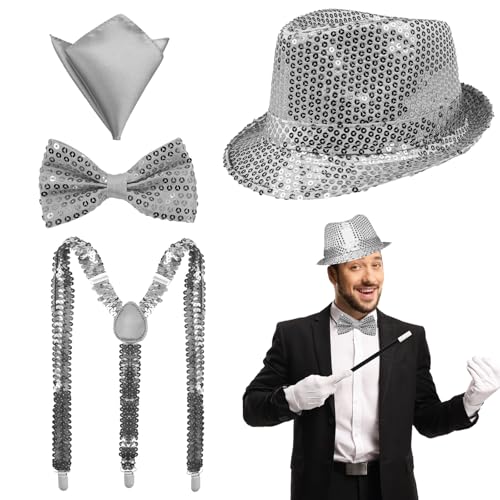 NebulaGlam Glitzer Accessoires Herren, 4 Stück Glitzer Kostüm Herre, Glitzer Fliege und Hosenträger Herren Pailletten Zylinder Hut Taschentücher, für Karneval Fasching Mottoparty (Silber) von NebulaGlam