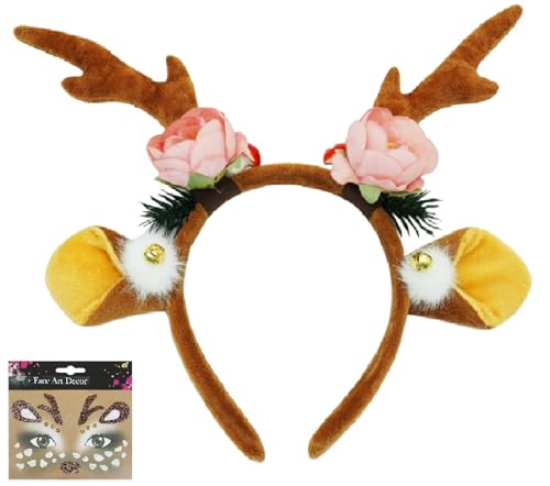 NebulaGlam Haarreif Reh Geweih Hörner Rehohren + Reh Gesichtstattoo, Karneval Kostüm Damen Mädchen, Damen Kinder Reh kostüm Kopfschmuck Haarreifen Fasching Mottoparty Halloween Kostüm von NebulaGlam