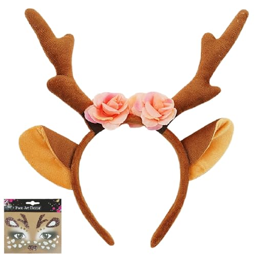 NebulaGlam Haarreif Reh Geweih Hörner Rehohren + Reh Gesichtstattoo, Karneval Kostüm Damen Mädchen, Damen Kinder Reh kostüm Kopfschmuck Haarreifen Fasching Mottoparty Halloween Kostüm von NebulaGlam