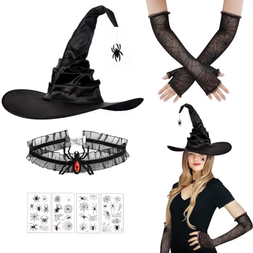 NebulaGlam Halloween Hexenhut Damen und Kinder, Lange Handschuhe Set, Faltbarer Hexenhut mit Spinnenanhänger, Kostümzubehör für Halloween, Karneval von NebulaGlam