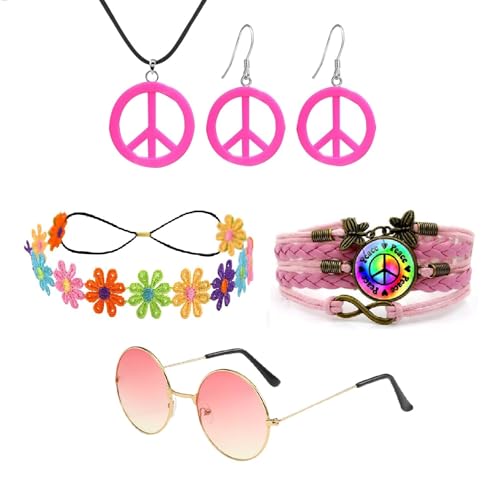 NebulaGlam Hippie Kostüm Set, 5 Stück Hippie Kleidung Damen Accessoires, 60er 70er Jahre Bekleidung, Friedenszeichen Halsketten, Kopfbedeckungen, Brillen, Armbänder, Ohrringe (Damen) von NebulaGlam