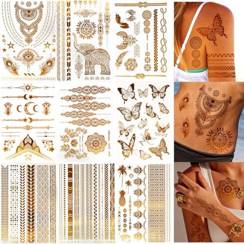 NebulaGlam Metallic Flash tattoos in Gold, 9 Blätter 110+ Festival Tattoos Gold, Tattoos Festival Gadget, Tattoos Wasserdichte Temporäre für fasching und Party Accessoire (A) von NebulaGlam