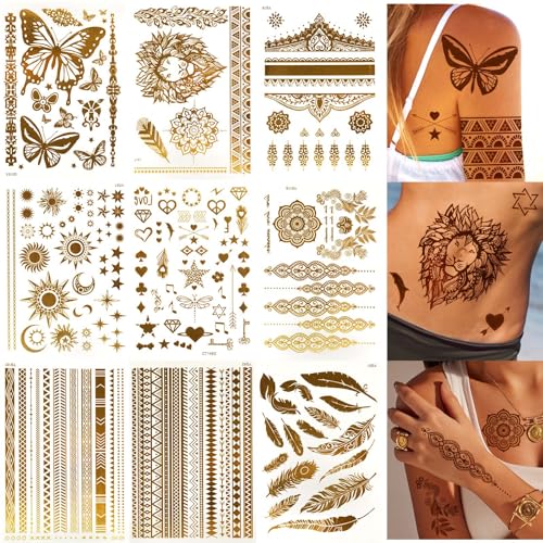 NebulaGlam Metallic Flash Tattoos in Gold, 9 Blätter 110+ Festival Tattoos Gold, Tattoos Festival Gadget, Tattoos wasserdichte Temporäre für Fasching und Party Accessoire (B) von NebulaGlam