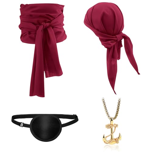 NebulaGlam Piraten Accessoires Set, Piraten Stirnband Taillengürtel mit Augenklappe Halskette, Piratenkapitän Mittelalterliche Große Schärpe für Karneval Halloween Kinder Frauen Männer (Burgund) von NebulaGlam