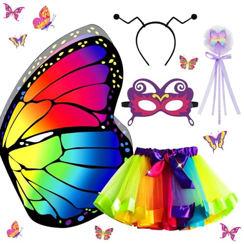 NebulaGlam 5 Stück Schmetterling Kostüm Kinder, Mädchen Schmetterlingsflügel kind Mädchen, mit Bunte Flügel Farbe Tutu Rock Maske Haarband Feenstab, für Karneval Cosplay NebulaGlam 5 Stück Schmetterling Kostüm Kinder, Mädchen Schmetterlingsflügel kind Mädchen, mit Bunte Flügel Farbe Tutu Rock Maske Haarband Feenstab, für Karneval Cosplay von NebulaGlam