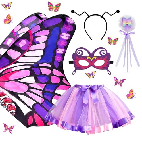NebulaGlam 5 Stück Schmetterling Kostüm Kinder, Mädchen Schmetterlingsflügel kind Mädchen, mit Bunte Flügel Lila Tutu Rock Maske Haarband Feenstab, für Karneval Cosplay NebulaGlam 5 Stück Schmetterling Kostüm Kinder, Mädchen Schmetterlingsflügel kind Mädchen, mit Bunte Flügel Lila Tutu Rock Maske Haarband Feenstab, für Karneval Cosplay von NebulaGlam