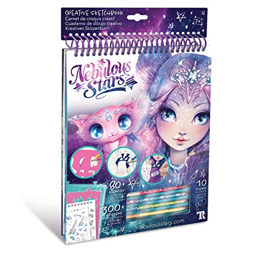 Kreatives Skizzenbuch Nebulia, mit Skizzen, Motivschablonen, Aufklebern und Buntstiften, für Mädchen ab 7 Jahre, als Geschenkidee von Nebulous Stars