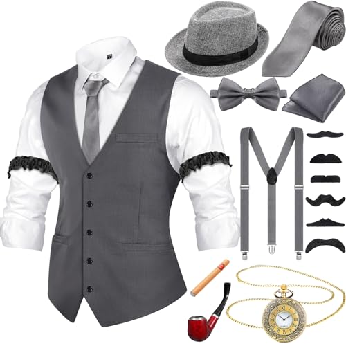 Neer 1920er Jahre Herren Kostüm Zubehör Outfit mit Gangster Weste Hut Vintage Taschenuhr Fliege Hosenträger Zubehör, Grau, XXL von Neer