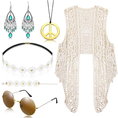 Neer 6 Stück Hippie Kostüm Set für Damen 60er 70er Jahre Hippie Sonnenbrille Unregelmäßige Boho Hippie Weste Friedenszeichen Halskette Ohrringe Blumen Haarband Armband für Sommer Outfit von Neer