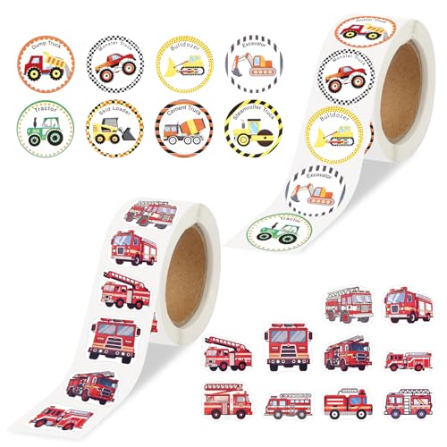 1000 Stück Sticker Fahrzeuge, Auto Bagger Sticker Feuerwehr Sticker, Wasserfeste Sticker für Jungen Mädchen Lehrer, Kindergeburtstag Gastgeschenke Party (Auto Bagger&Feuerwehr) von Neerow