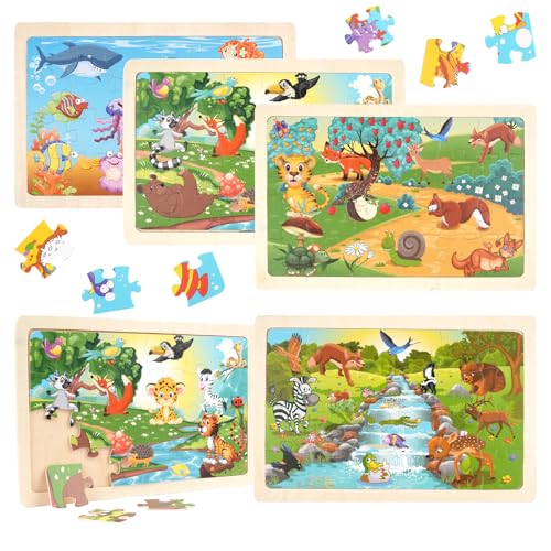5 × 24 Teile Holzpuzzle Kinder ab 3 Jahren – Holzpuzzle Set mit 5 Tierwelten (Bauernhof, Meer & mehr), 15 × 22,5 cm Puzzle Kinder, Lehrreiches Spielzeug für Jungen und Mädchen von Neerow