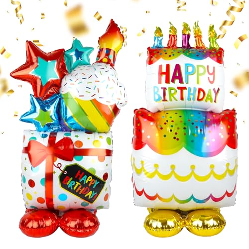 Folienballon Geburtstag XXL, 2 Stück Luftballon Geburtstag mit Stehenden Luftballon in Torten- & Geschenkform, Folienballon Happy Birthday für Kindergeburtstag, Partydeko Jungen & Mädchen, Erwachsene von Neerow