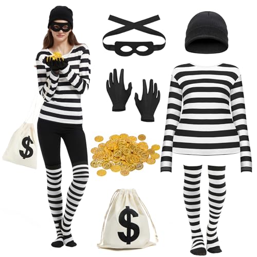 Nelyeqwo 7-teiliges Halloween-Kostüm-Set für Damen, Einbrecher-Kostüm, Dieb, Cosplay, gestreiftes Hemd, Socken, Maske, Münzen, Handschuhe, Beanie-Tasche für Halloween-Party-Outfit von Nelyeqwo