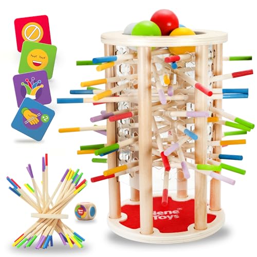 Nene Toys BALLFALL, 4-in-1 Montessori-Spiel mit bunten Stäben, Würfel & Karten für Kinder ab 3 - Holzturm Spiel für Jungen & Mädchen 3-9, pädagogisches Familienspiel für kognitive Entwicklung von Nene Toys