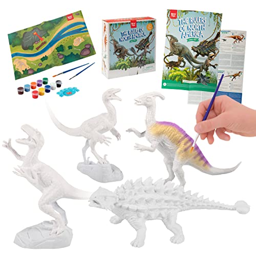Nene Toys Dinosaurier zum Basteln & Malen für 3 4 5 6 7-jährige Kinder [Die Fürsten von Nordamerika] – Spiel-Set: 4 Dinosaurier, 2 Farbsets, 2 Pinsel, Lern-Poster, Spielmatte – DIY Dinosaurier von Nene Toys