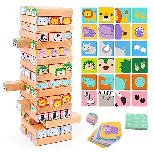 Nene Toys Holzklötze Stapelspiel - 4-in-1 Wackelturm Familien-Gesellschaftsspiel - Set: Bauklötze, Karten, Würfel - Afrika-Safari Lernspielzeug aus Holz für Kinder von 3-9 Jahren Lernspiel Tiere von Nene Toys