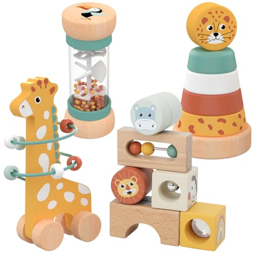 Nene Toys Spielzeug ab 1 Jahr – Montessori Baby Holzspielzeug 4-in-1 Set mit Klangbausteinen, Regenmacher, Stapelturm & Jirafa-Labyrinth – Holzbausteine Motorikspielzeug Geschenk Junge Mädchen von Nene Toys
