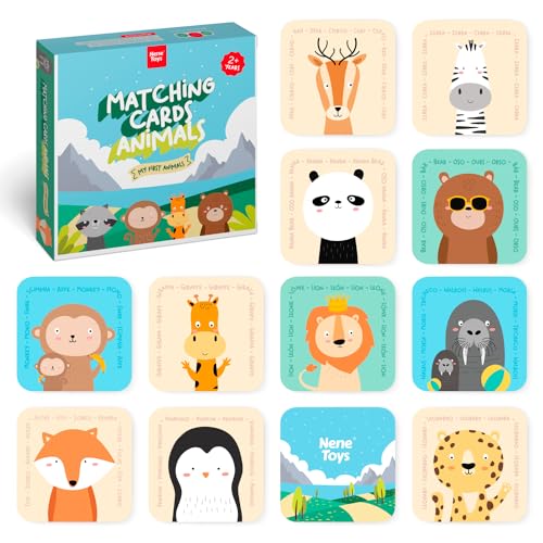 Nene Toys Tier-Memo-Karten für Kinder ab 2 Jahren – Mehrsprachiges Lernspiel zur Gedächtnisförderung - Verschiedene Schwierigkeitsstufen für Jungen & Mädchen von 2-5 Jahren [40 Karten] von Nene Toys