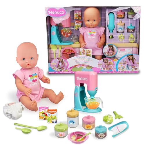 Nenuco - was Essen wir Heute?, Babypuppe mit Zubehör zum Zubereiten von Babynahrung, mit 2 elektronischen Spielzeugen, Mixer und Löffel, Puppen Spielzeug für Kinder ab 3 Jahren, Famosa (NFN43000) von Nenuco