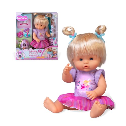 Nenuco Feen-Schnuller, Baby Puppe mit blonden Haaren von 35 cm und hartem Körper, Hilft beim Wechseln der Phase, Schnuller den Feen übergibt, Inklusive 3 Schnullern und Zubehör, Famosa (NFNB4000) von Nenuco