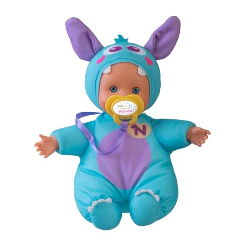 Nenuco Monster Friends Blue, Mini Baby Monster Puppen von 15 cm, Weicher Körper und Kleid mit einem Pastellblauen Design, Personalisiertes Schnuller, Sammle die Modelle, Famosa (NFNB1300) von Nenuco