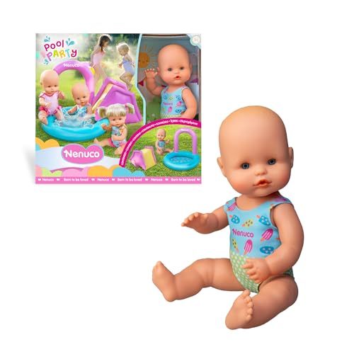Nenuco Poolparty, Baby Puppen von 35 cm mit eigenem aufblasbaren Pool mit Rutsche, Harte Körper mit bedrucktem Badeanzug, Fülle den Pool mit Wasser und Lass die Puppe rutschen, Famosa (NFNB5000) von Nenuco