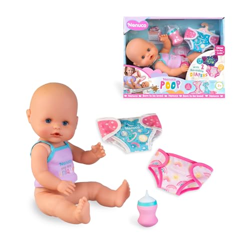 Nenuco Macht Kaka, Baby Puppe von 35 cm mit hartem Körper, Das echten braunen Kaka Macht, wenn es Wasser trinkt, Inklusive Flasche und 2 waschbare Windeln, Tag und Nachtwindel, Famosa (NFNB3000) von Nenuco