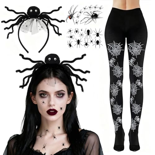 Nepturion 4 Stück Halloween Kostüm Spinne Accessoires Damen, Spinnennetz Strümpfe, Spinnen Haarreif Kopfschmuck, Strumpfhose Spinnen, mit Tattoos Kostüm Accessoire für Halloween, Fasching & Karneval von Nepturion