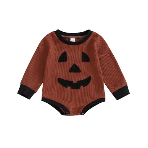 NerYuo Halloween-Baby-Kleidung, Overall, Kürbis, bestickt, langärmelig, dreieckig, Kletteranzug, 9 Monate alte Mädchen-Kleidung (Braun, 0-3 Monate) von NerYuo