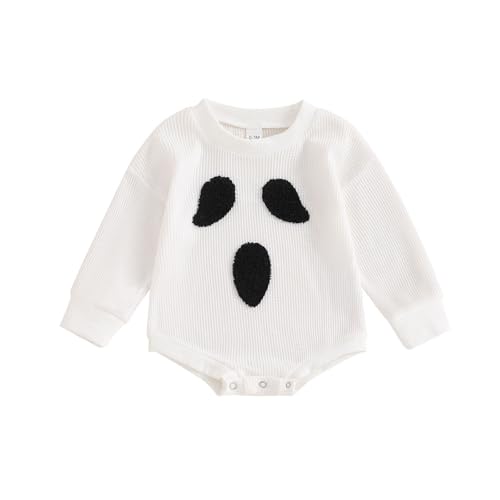 NerYuo Halloween-Baby-Kleidung, Overall, Kürbis, bestickt, langärmelig, dreieckig, Kletteranzug, 9 Monate alte Mädchen-Kleidung (Weiß, 0-3 Monate) von NerYuo