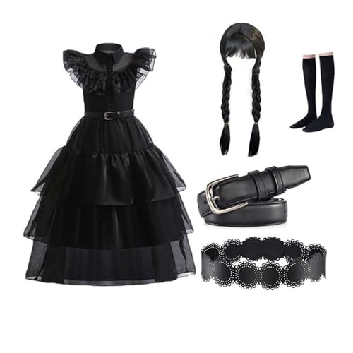 NerYuo Halloween-Kostüm für Mädchen, 12-teilig, Mittwoch Addams, Kleid für Karneval, Party, Halloween, Cosplay,130 cm,140cm NerYuo Halloween-Kostüm für Mädchen, 12-teilig, Mittwoch Addams, Kleid für Karneval, Party, Halloween, Cosplay,130 cm,140cm von NerYuo
