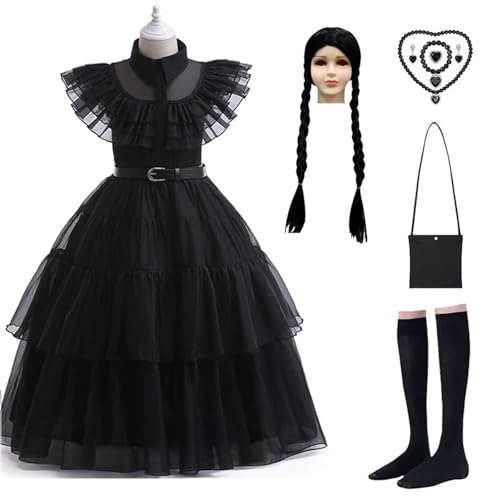NerYuo Halloween-Kostüm für Mädchen, 12-teilig, Mittwoch Addams, Kleid für Karneval, Party, Halloween, Cosplay,130 cm,140cm NerYuo Halloween-Kostüm für Mädchen, 12-teilig, Mittwoch Addams, Kleid für Karneval, Party, Halloween, Cosplay,130 cm,140cm von NerYuo