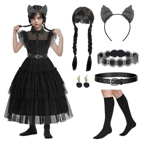 NerYuo Halloween-Kostüm für Mädchen, 12-teilig, Mittwoch Addams, Kleid für Karneval, Party, Halloween, Cosplay,130 cm,140cm NerYuo Halloween-Kostüm für Mädchen, 12-teilig, Mittwoch Addams, Kleid für Karneval, Party, Halloween, Cosplay,130 cm,140cm von NerYuo