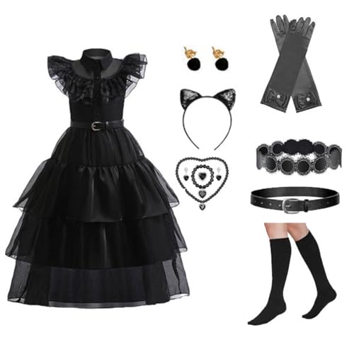 NerYuo Halloween-Kostüm für Mädchen, 12-teilig, Mittwoch Addams, Kleid für Karneval, Party, Halloween, Cosplay,130 cm,140cm NerYuo Halloween-Kostüm für Mädchen, 12-teilig, Mittwoch Addams, Kleid für Karneval, Party, Halloween, Cosplay,130 cm,140cm von NerYuo