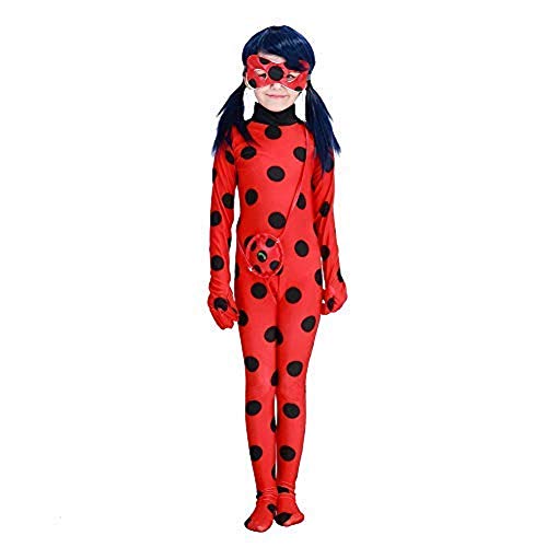 Ladybug Marienkäfer Kostüm für Mädchen | 3-teilig: Overall, Maske, Tasche | rot mit schwarzen Punkten | ideal für Karneval & Fasching Größe: M (116) von Nerd Clear