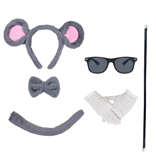 Nereds Halloween-Maus-Kostüm-Zubehör, Blind-Mäuse, Stirnband, Fliege, Schwanz, Sonnenbrille, Blindstock, Handschuhe für Halloween, Mottoparty, 6 Stück Nereds Halloween-Maus-Kostüm-Zubehör, Blind-Mäuse, Stirnband, Fliege, Schwanz, Sonnenbrille, Blindstock, Handschuhe für Halloween, Mottoparty, 6 Stück von Nereds