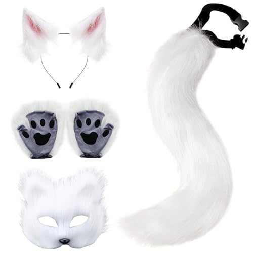 Fuchs Kostüm 1 Set Realistisches Plüsch Weiß Thema Dekorative Therian Ausrüstung Inklusive Fuchs Maske Ohren Schwanz Und Pfoten Für Maskerade Cosplay Halloween von Neroyaner